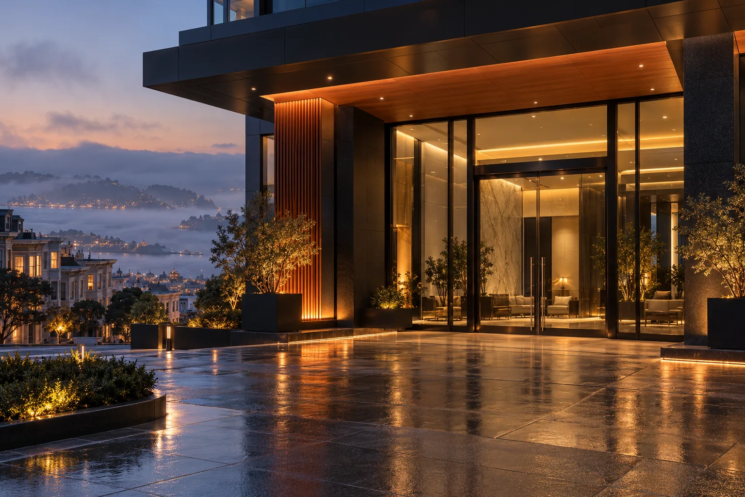 Well-lit commercial entrance at dusk in San Francisco