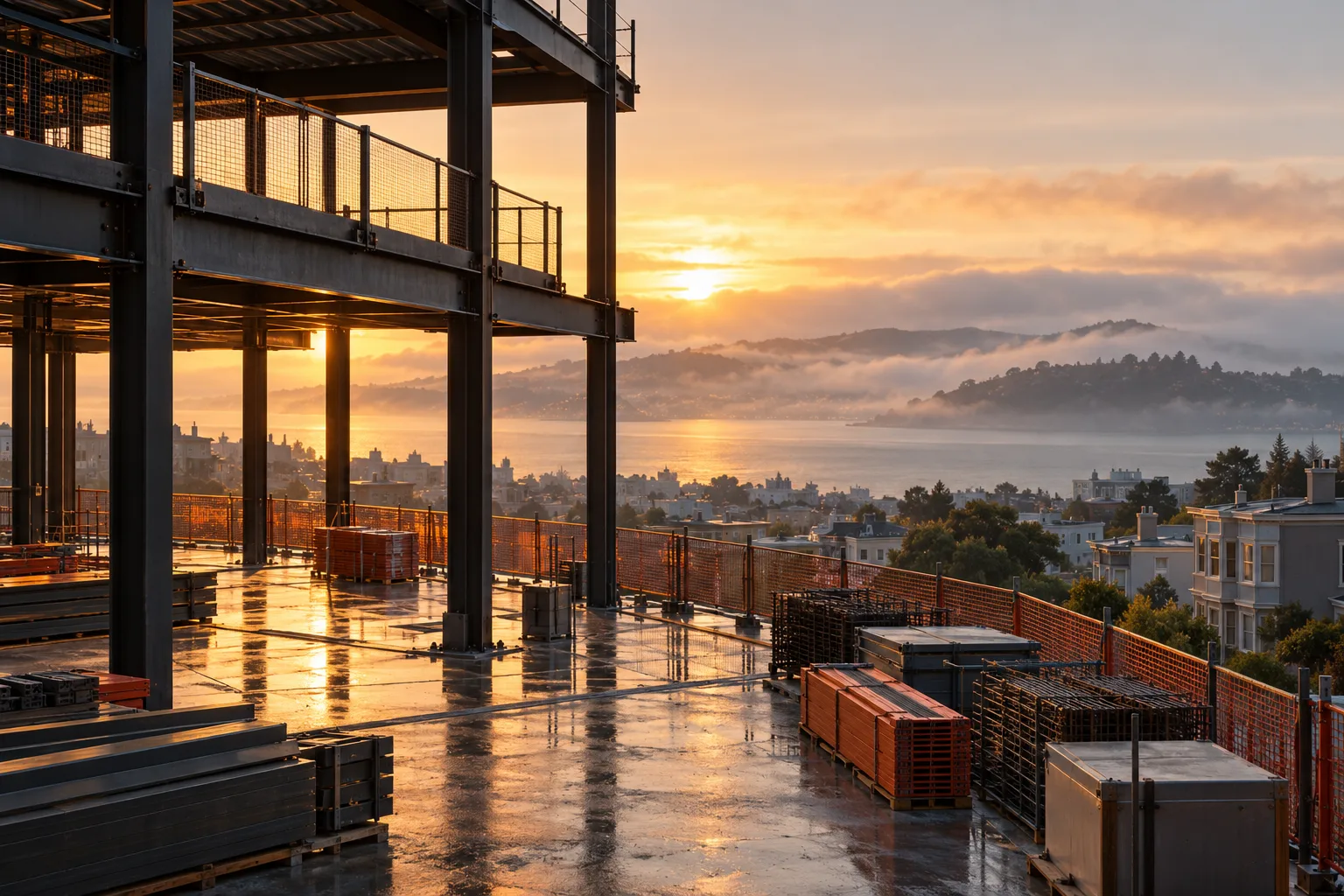 Commercial construction site at golden hour in San Francisco