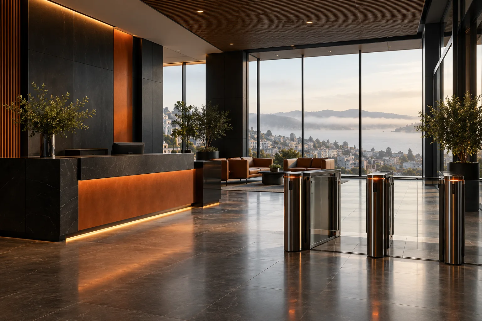 Secure commercial lobby with reception desk in San Francisco