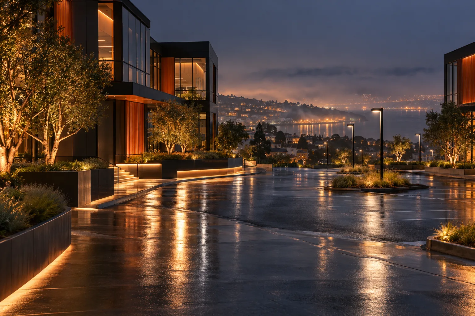 Business park at night under lights in San Francisco