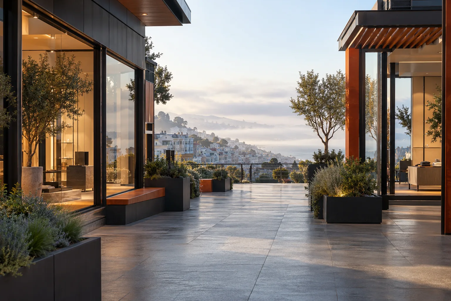 Open-air shopping center walkway in San Francisco