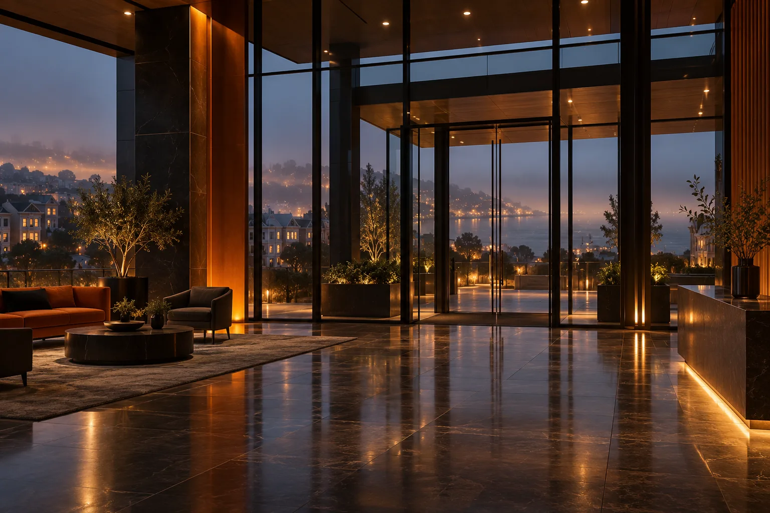 Building lobby glowing at night in San Francisco