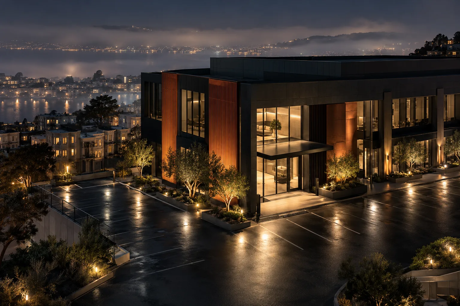 Commercial property at night from above in San Francisco